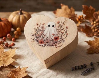 Joyero de madera con forma de corazón "Booberry" decorado a mano, con diseño de fantasma, estilo floral, decoración espeluznante estilo cottagecore, bonito regalo de fantasma, pequeño recuerdo.