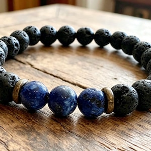 Armband med lavastenspärlor Armband med vulkansten Diffusorarmband Träpärlor Trippel lapis pärlor Herrarmband Blå pärlor Vikingarmband