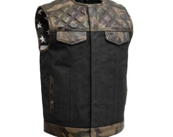 Chaleco de motociclista para hombre de cuero y mezclilla: Camuflaje Ranger, forro con la bandera de EE. UU.