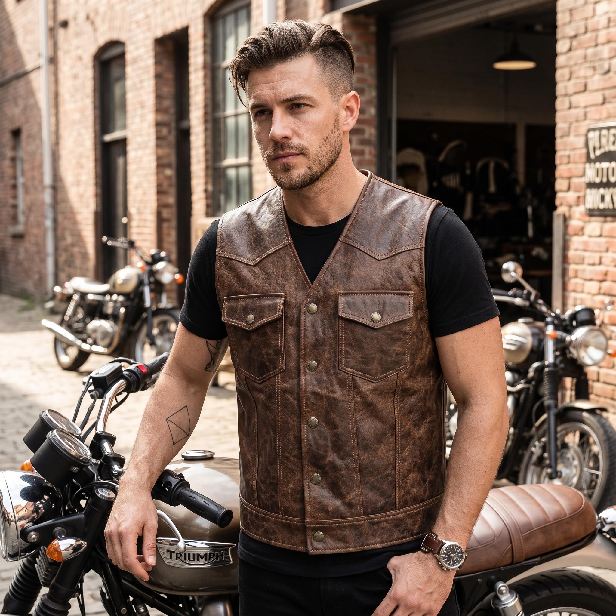 Men's Brown Leather Motorcycle Vest Vintage Distressed Biker Waistcoat