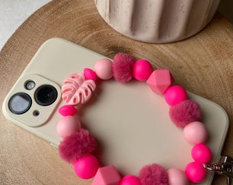 Llavero con colgante para teléfono, pulsera y cordón, de color rosa brillante y grueso, hecho a mano con cuentas de silicona gruesas y cuentas de silicona.