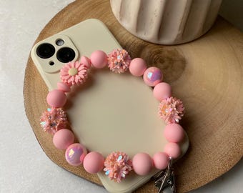 Pink Beaded Phone Wristlet Strap | Silicone, Acrylic Pearl, Floral Beads | Anti-Drop Lanyard