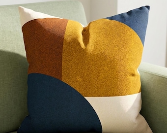 Geometric Pillow Cover Sofa Cushion Mustard Yellow Navy Blue Rust Orange Microfiber Case Double Sided Design Midcentury Modern Living Room