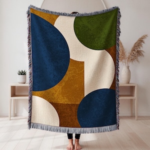 Cotton Throw Blanket Geometric Pattern Navy Blue Mustard Yellow Fringed Edges Woven Textile Living Room Couch Accent Home Decor Gift Idea