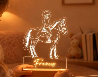 Personalized Horse Rider Night Light, Custom Name Acrylic LED Lamp, Equestrian Decor Riding Light, Sports Light Gift for Horse Lover