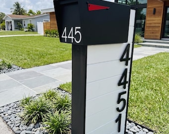 Poste para buzón moderno a medida / Números de casa verticales / Letrero de dirección contemporáneo / Soporte para buzón exterior / Buzón moderno con atractivo exterior