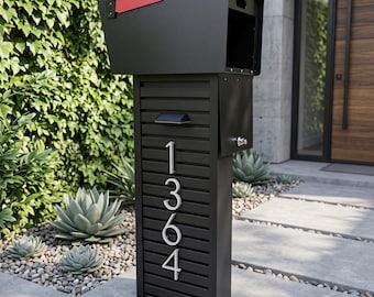 Modern Freestanding Mailbox with Solar Lighted Address Numbers, Custom Slat Wood Post Mailbox, Locking Letterbox, LED House Address Sign