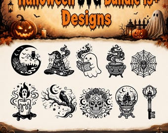 Pacchetto SVG di Halloween con oltre 15 design, file di taglio per Halloween compatibili con Cricut, SVG spettrali, file per Silhouette, download immediato.