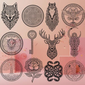 Puede incluir: Una colección de diseños de nudos celtas en blanco y negro. Los diseños incluyen un lobo, un caballo, un búho, un león, una llave, un ciervo, una rosa, dos serpientes, un dragón y dos patrones circulares. Los diseños están sobre un fondo rosa.