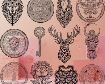 Pacchetto SVG celtico, file SVG di nodi celtici fantasy, animali della mitologia norrena pagana, clipart vettoriali in bianco e nero, silhouette Cricut