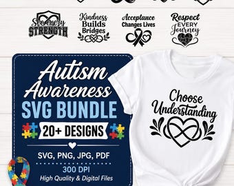 Paquete de archivos SVG para concienciación sobre el autismo, diseños para camisetas sobre autismo, archivos de corte de cintas para rompecabezas, SVG para Cricut, descarga digital.