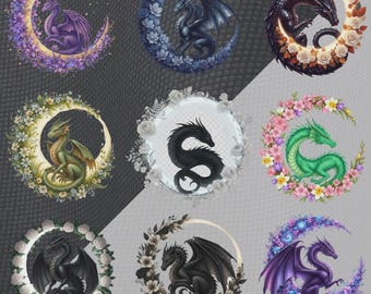 Paquete de imágenes prediseñadas de dragón / Imágenes prediseñadas de corona floral de dragón / Arte de dragón de fantasía / Criatura mítica PNG / Diseño para sublimación y manualidades