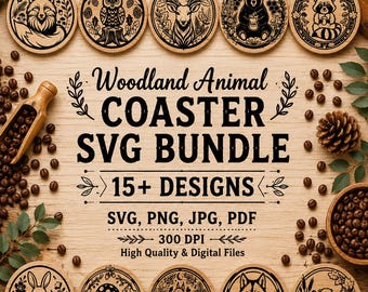 Paquete de archivos SVG para posavasos, diseños de posavasos con animales del bosque, archivos de corte para posavasos redondos, grabado láser Cricut, descarga digital.