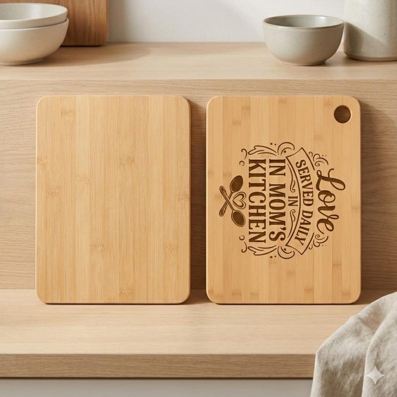 May include: Two rectangular bamboo cutting boards. One is blank, the other features the text "Love Served Daily in Mom's Kitchen" with spoon and heart graphics. Both have rounded corners and a hole for hanging.