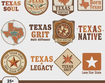 Pacchetto PNG Texas / Distintivi retrò Western, disegni Lone Star, Clipart vintage del Texas in difficoltà da scaricare digitalmente per magliette e adesivi