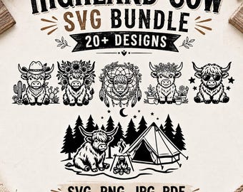 Pacchetto di file SVG di mucche delle Highlands con oltre 20 disegni, file SVG di vitelli delle Highlands, file di taglio di animali da fattoria, clipart di bovini delle Highlands, download per Cricut