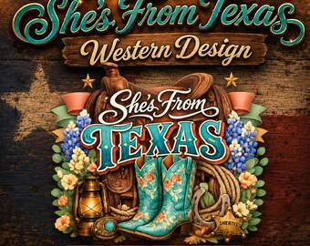 Texas PNG, Lei viene dal Texas, design western, stivali da cowboy floreali, sublimazione da cowgirl con bluebonnet, download digitale vintage