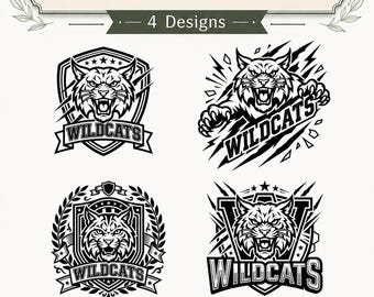 Pacchetto di 4 disegni SVG Wildcat, file di taglio della mascotte Wildcat, SVG per Cricut, design per magliette sportive, download immediato