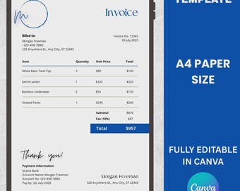 Modello di fattura modificabile Canva / Design di fattura minimalista / Fattura aziendale professionale / Fattura stampabile in PDF / Fattura per piccole imprese
