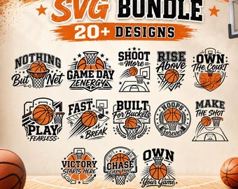 Pacchetto di oltre 20 disegni SVG per il basket, file SVG per il basket, file di taglio per il giorno della partita, SVG sportivi per Cricut, design per magliette da basket