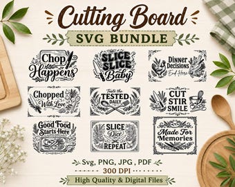 Pacchetto di file SVG per taglieri, design divertenti con citazioni per la cucina, file per incisione laser, file SVG per taglieri di salumi e formaggi, download per Cricut per la pasticceria.