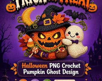 PNG di Halloween, design di zucca fantasma all'uncinetto, dolcetto o scherzetto amigurumi, sublimazione carina e spettrale, download digitale autunnale