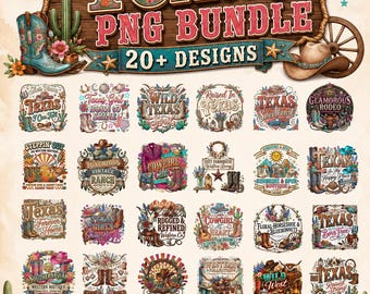 Pacchetto PNG del Texas con oltre 20 disegni, grafica western da cowgirl, rodeo, fiocco civettuolo, stile vintage americano, download per sublimazione
