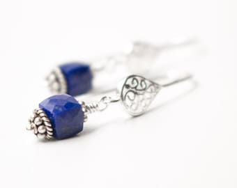 Lapis Lazuli earrings , Sterling Silver Lapis Lazuli earrings , Lapis Earrings , Filigree Teardrop earrings , Denim blue Faceted Lapis