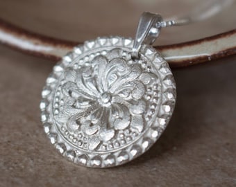 PMC pendant medallion , Flower Silver Pendant , Pure silver flower pendant , Flower necklace , Fine Silver .999 Silver Made to order