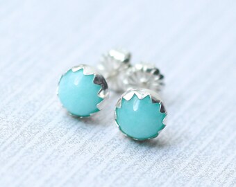 6mm Amazonite Post earrings , Sterling Silver Studs , Post Earrings 6mm Serrated setting , Amazonite earrings , baby blue green earnings