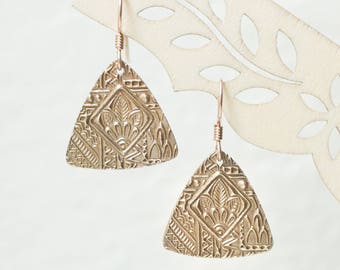 Golden Bronze earrings , Goldie Bronze , Textured triangle earrings , geometrical earrings , Gift for her , Mother's Day gift , Triangle
