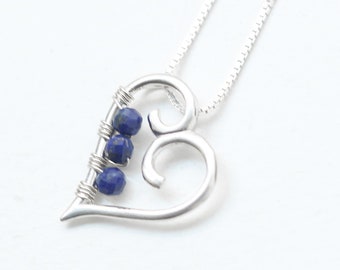 Lapis Lazuli Heart necklace , Lapis necklace ,  Sterling Silver Lapis Lazuli Necklace , 3 stone , Blue , Something blue , Heart necklace