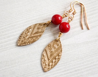 Golden Bronze earrings , Goldie Bronze , Textured leaf shape earrings , red and gold earrings , Red Coral earrings , Mother's Day , everyday
