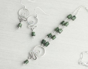 Russian Seraphinite necklace and earrings set, Sterling Silver ,  Everyday jewelry , Green , Seraphinite necklace , Seraphinite earrings