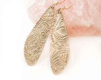 Golden Dragonfly wing earrings , Bronze Textured Metal clay , Lightweight earrings , Minimalist , Everydaywear , Gift for mom, long earrings