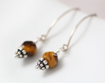 Tiger Eye Earrings , Natural Tiger Eye Earrings , Brown earrings , long earrings , wire wrapped earrings , brown jewelry , tiger eye jewelry