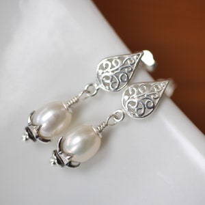 White Pearl post Earrings , Sterling Silver and AAA quality White freshwater pearls , Wedding jewelry , Bride , Filigree Teardrop earrings