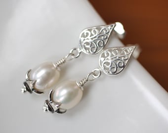 White Pearl post Earrings , Sterling Silver and AAA quality White freshwater pearls , Wedding jewelry , Bride , Filigree Teardrop earrings