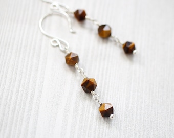 Tiger Eye Earrings , Natural stone Earrings , Brown earrings , long earrings , wire wrapped earrings , faceted , tiger eye jewelry