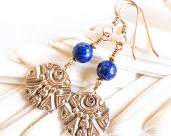 As seen on Bones , As seen on Dr Brennan , Emily Deschanel , Bronze and Lapis Lazuli Earrings , Lapis Lazuli earrings , Tribal earrings
