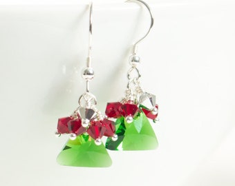 Christmas Tree Earrings Swarovski Crystals , Sterling silver Christmas earrings, Green and Red Christmas earrings , Christmas Tree , Festive