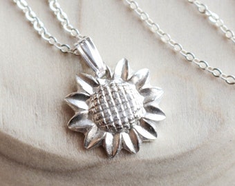 Silver Sunflower Necklace , Sunflower Fine silver , Floral pendant , Flower necklace , .999 Silver , Minimalist
