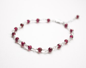 Garnet Bracelet or Anklet , Garnet Sterling Silver bracelet , Natural Garnet anklet , adjustable wire wrapped bracelet , January Birthstone