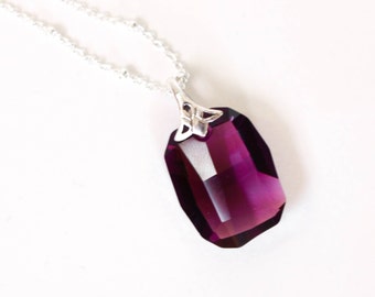 Collar de amatista, collar de cristal púrpura, collar púrpura de plata de ley geométrico
