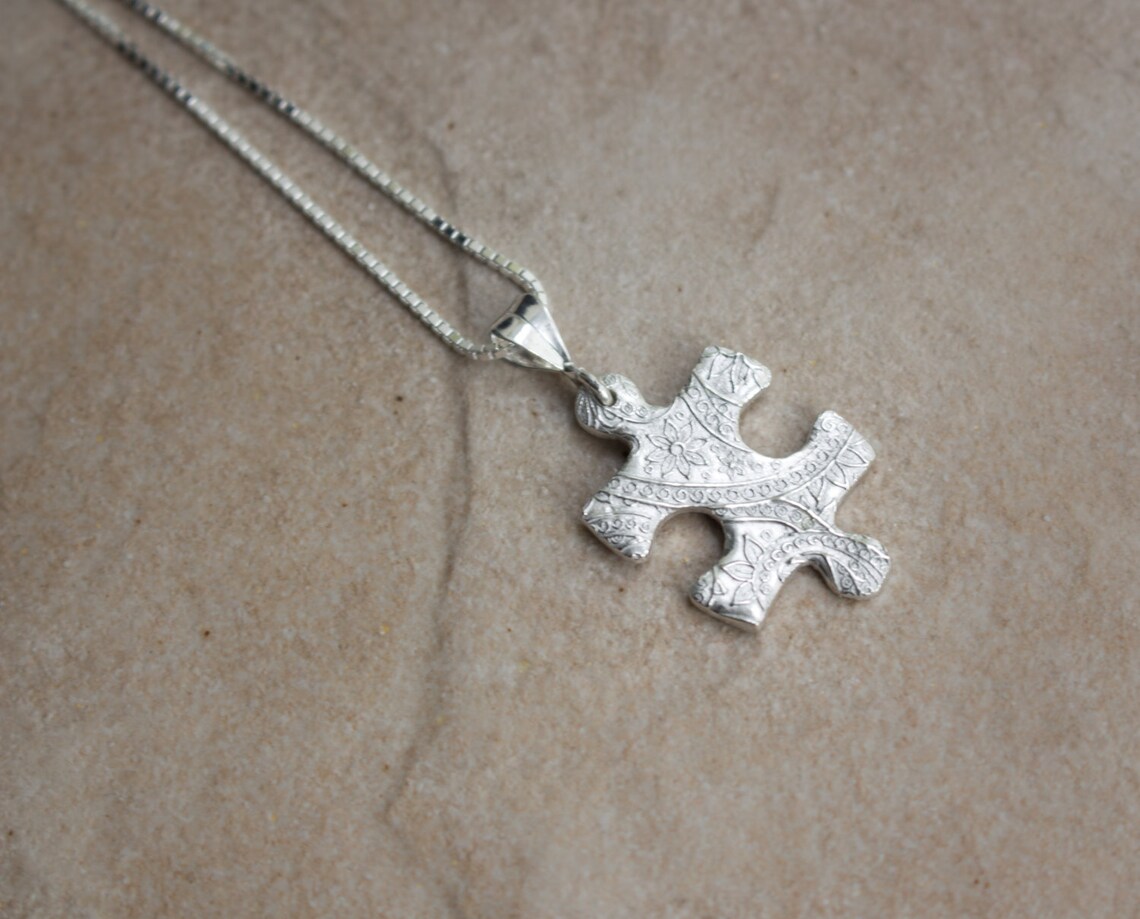 Puzzle Piece Silver Necklace , Autism Awareness , Silver Puzzle Pendant ...