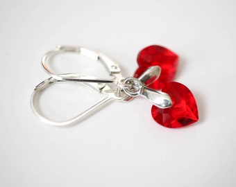 Heart Earrings Leverback , Kids' Leverback Earrings , Heart earrings for girls , Swarovski hearts Earrings , red heart Sterling earrings