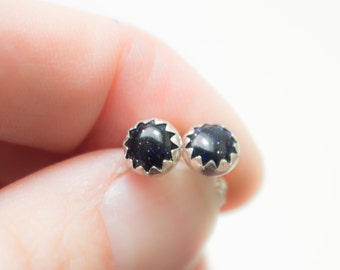Blau Goldstone Post Sterlingsilber Ohrstecker, Ohrstecker 6mm gezackten Fassung, blau Goldstone Ergebnis dunkelblau Ohrstecker