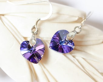 Heart Earrings Purple hearts , Swarovski Crystal Heliotrope , Valentine's Day , Gift