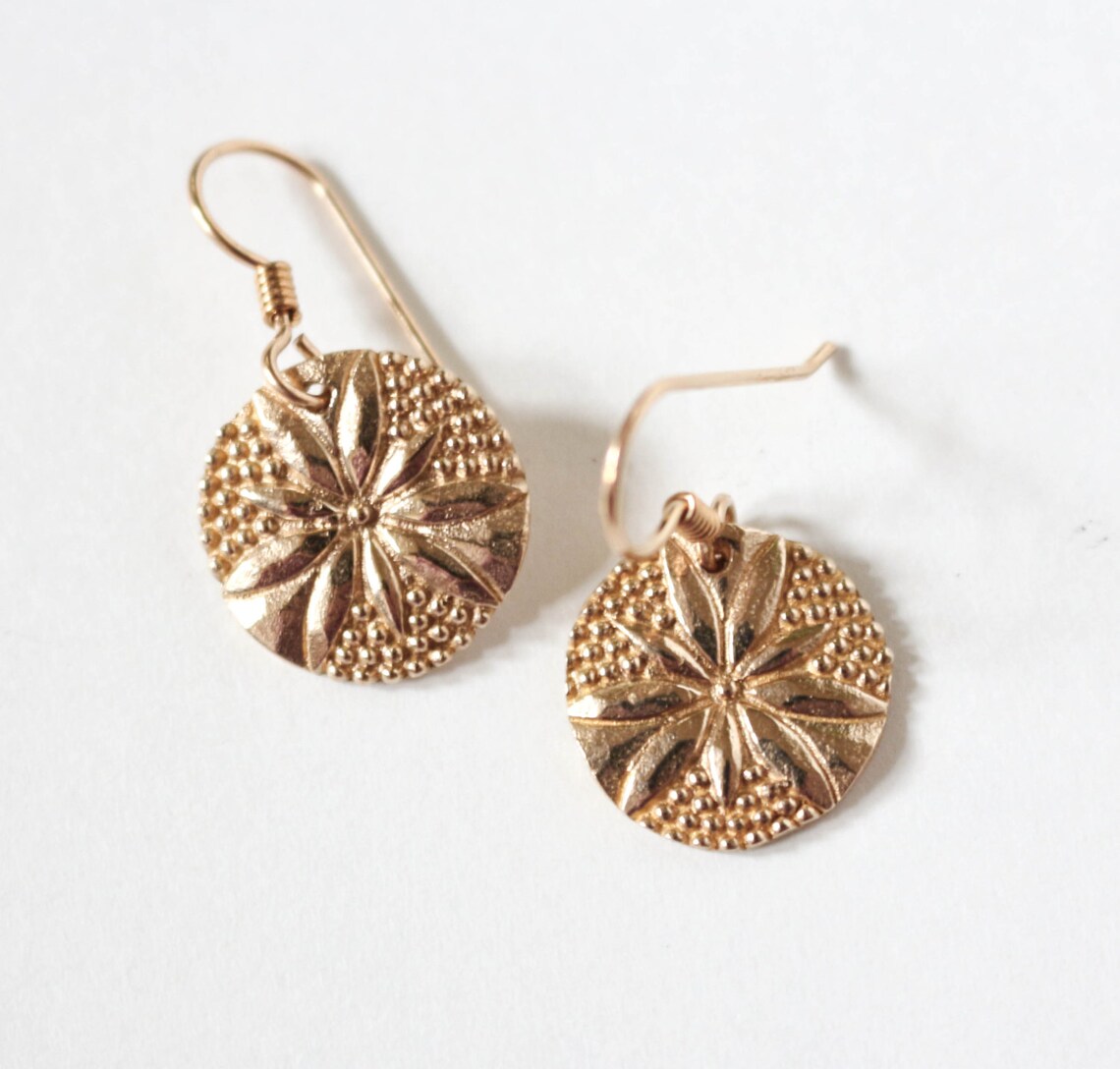 Bronze Earrings Golden Earrings Circle Earrings Flower Etsy
