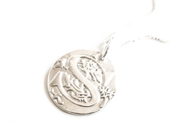 S Monogram Pendant , PMC Initial pendant , Wax seal Pendant , S , Personalized jewelry, Initial necklace , Pure silver , Initial doublesided
